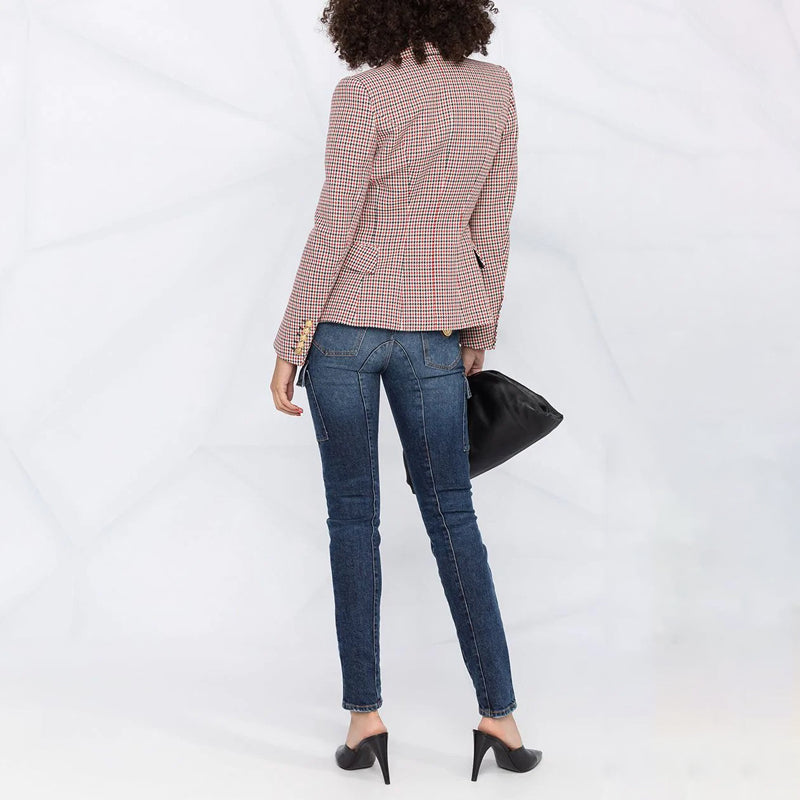 Women's Houndstooth Double-Breasted Long Sleeve Blazer