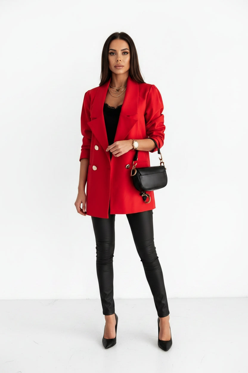 Women's Double-Breasted Blazer with Notched Collar Power Suit Jacket