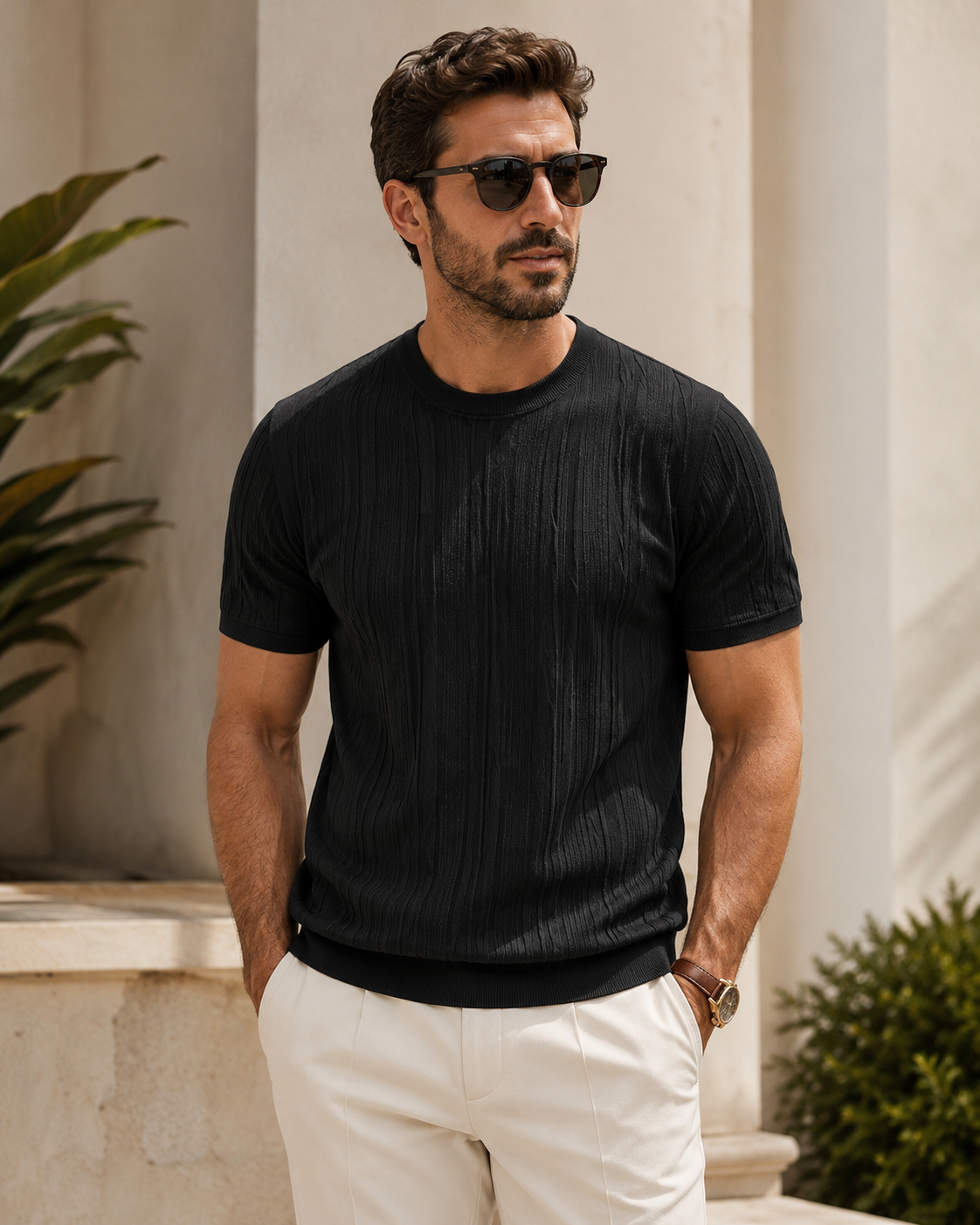 T-shirt texturé jacquard pour homme – Coupe ample style vintage