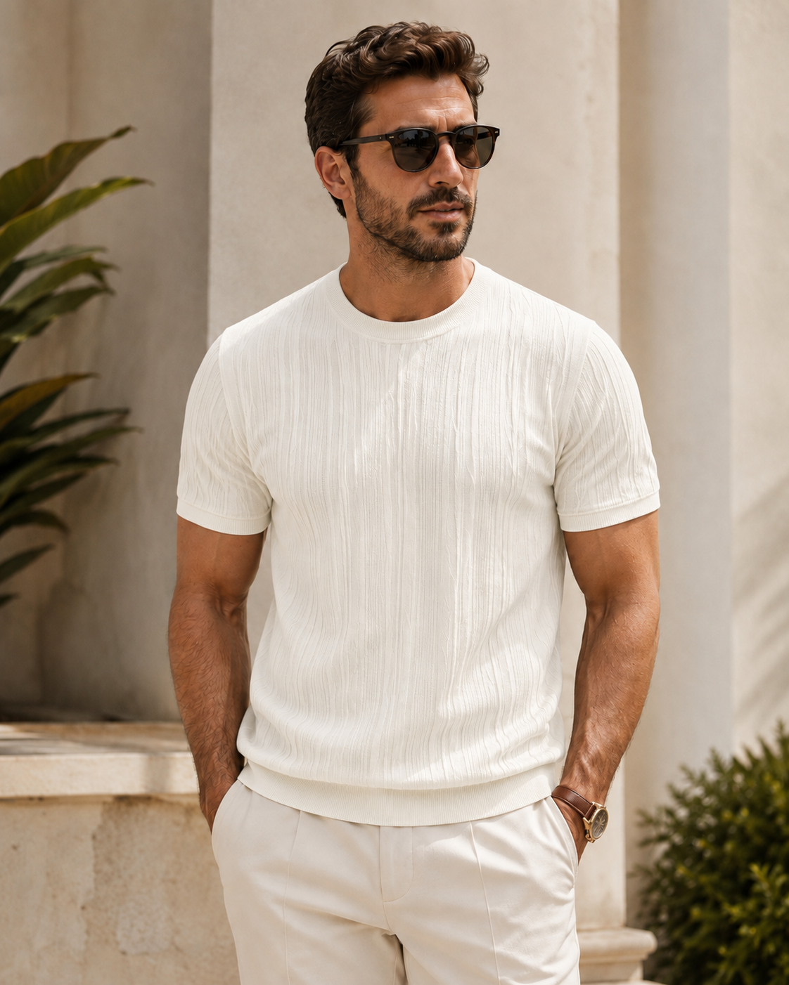 T-shirt texturé jacquard pour homme – Coupe ample style vintage