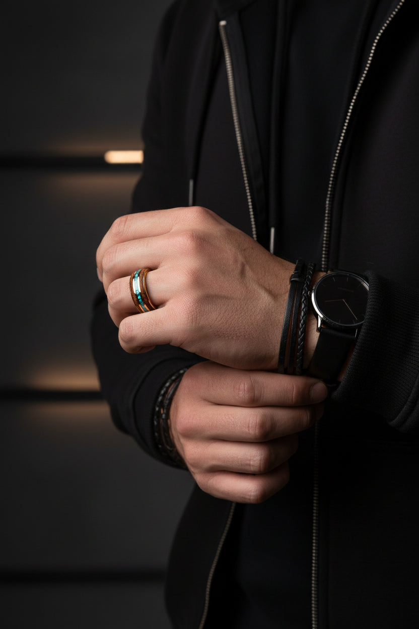 Bague Homme GOLDWOOD™ — Acier Tungstène 6 mm & Incrustation Effet Bois