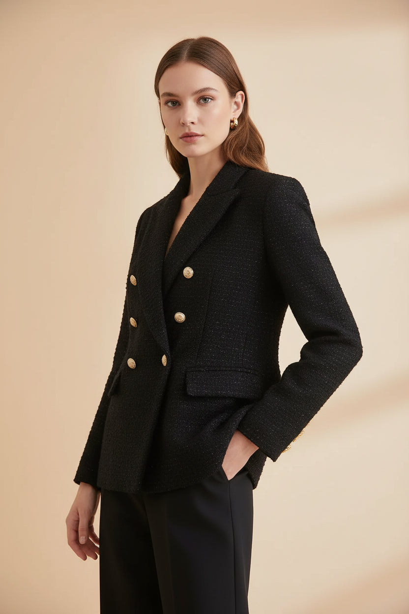 Women's Double-Breasted Textured Mid-Length Urban Casual Blazer